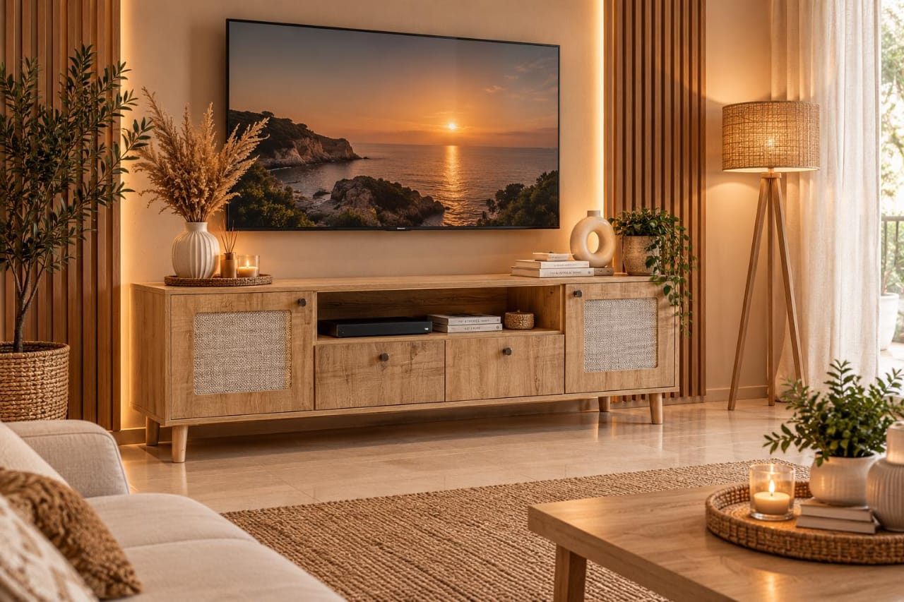 Meuble TV cannage bois naturel